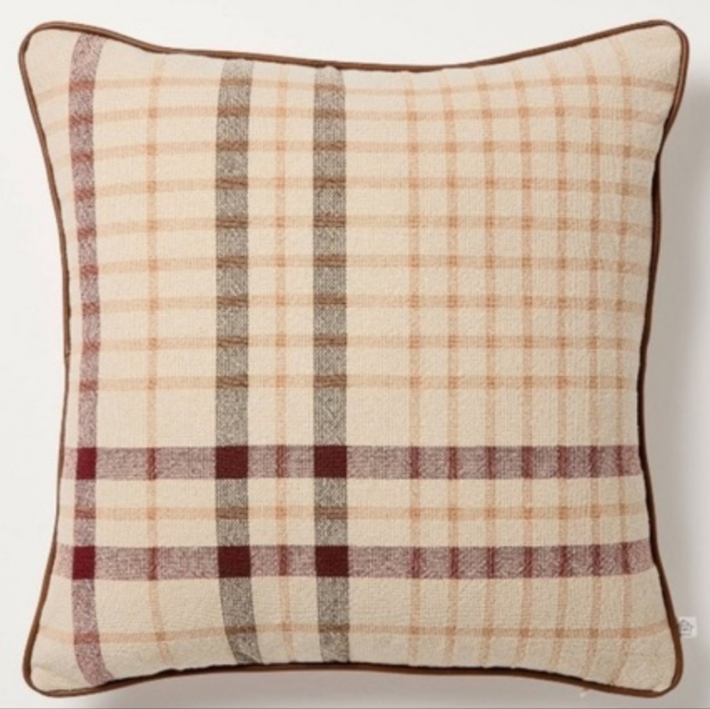 Hearth & Hand Cream Plaid Accent Pillow with Burgundy and Brown Stripes